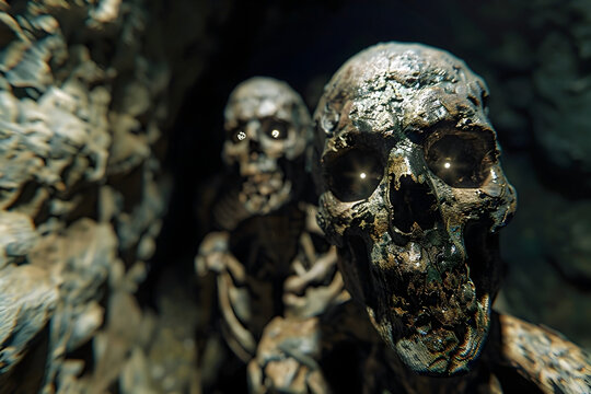 Sinister Undead Creatures Lurking in the Depths of a Haunting Cave,Glowing Eyes Radiating 3D Render with Cinematic Flair