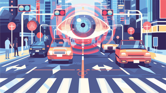 City street crossing through eyes of AI computer visit