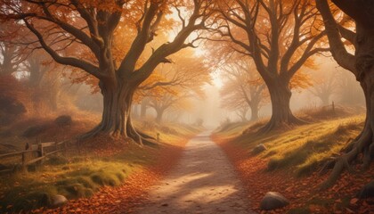 dreamy surreal fantasy fairytale world in autumn colors, digital illustration