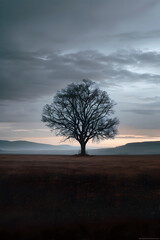 Fototapeta na wymiar Solitary Tree Stands Silhouetted Against the Moody Dusk Sky,Shrouded in an Atmospheric Aura of Uncertainty and Fear