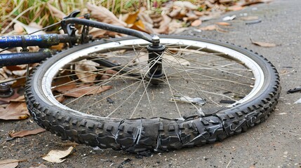 Damaged Bicycle With Bent Wheel Lying on a Roadside Generatve AI - obrazy, fototapety, plakaty