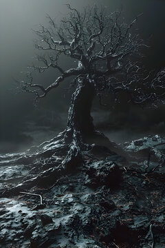 Solitary Umbral Tree Embracing the Darkness,Gripping the Land in its Poisonous Embrace