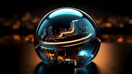 Illuminated Digital Sphere Reflecting Futuristic Cityscape with Intricate Circuit Embellishments