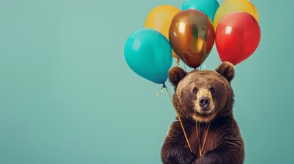 Charming bear with a bouquet of glossy balloons for a birthday party, set against a rich turquoise backdrop