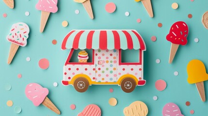 Charming ice cream truck tag design with a peekaboo awning, adding a sweet touch to gifts and table settings - obrazy, fototapety, plakaty