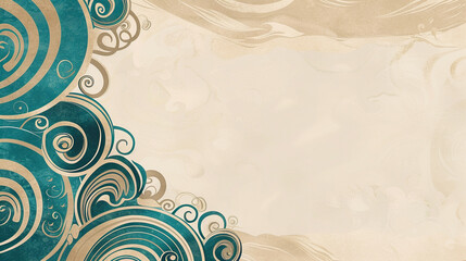 Teal and soft beige hand-drawn swirls frame content with coastal serenity.