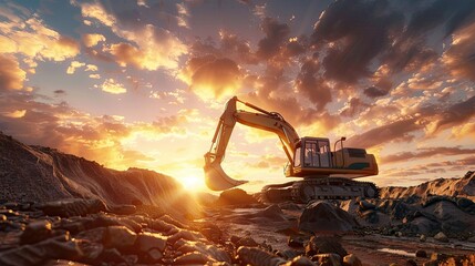 Generate an evocative 3D rendering of an excavator at work against the stunning backdrop of a sunset - obrazy, fototapety, plakaty