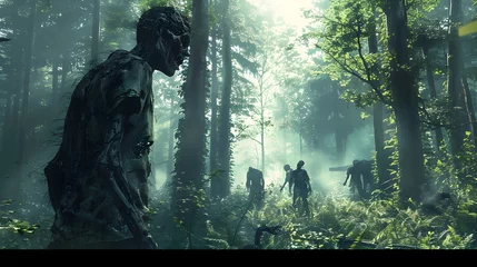 Foto op Plexiglas Survivors Seek Refuge from Lurking Zombies in Ominous,Primeval Forest © lertsakwiman