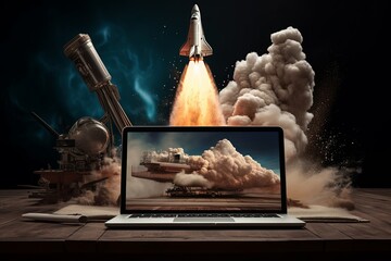 A commercial advertising picture of a new designed laptop coming with a modern science theme among a one tone room. Generative AI.