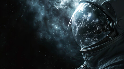 Abandoned astronaut helmet reflecting a ghostly nebula, loneliness in space, haunting cosmos - obrazy, fototapety, plakaty