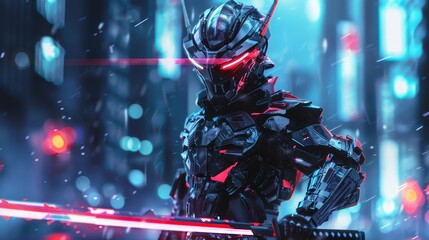 Futuristic samurai with neon armor, cyber honor, blade of light