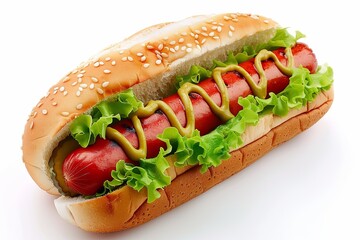 Single delicious hot dog, white background.