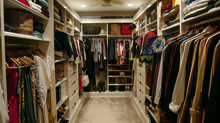 An organized walk-in closet with clothes and accessories.