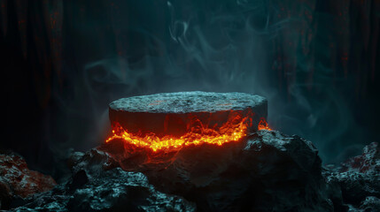 Glowing lava stone podium in a dark cave, mysterious ambiance for gaming and fantasy products - obrazy, fototapety, plakaty