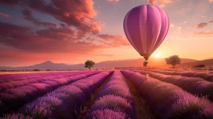 Fotobehang Hot air balloon soaring over lavender fields, early morning light, freedom and serenity © kitinut