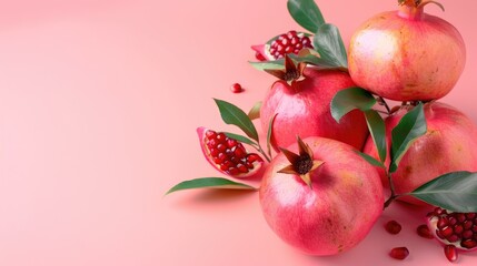 Fresh pomegranate with green leaves on a pink background in the front view represents the vibrant hues of autumn