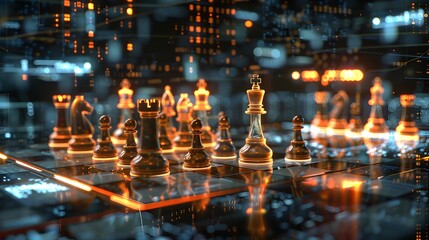 Innovative Sci-Fi Chess Strategizing in a Moody,Dimensional Realm description:This striking image depicts a futuristic,sci-fi-inspired