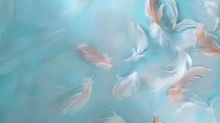 Fototapeta na wymiar Ethereal feathers floating gently, captured in pastel hues on a serene baby blue background