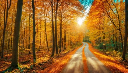 Spectacular autumn countryside with a road path through a dense forest and bright golden sunlight. Forest in shades of orange and teal in the fall.