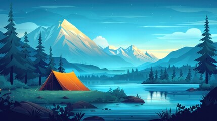 Orange tent pitched in middle of dense forest with lake and towering mountains in background