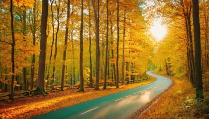 Obraz premium Spectacular autumn countryside with a road path through a dense forest and bright golden sunlight. Forest in shades of orange and teal in the fall.