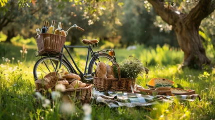 Türaufkleber A whimsical picnic setup in a lush green meadow, with a vintage bicycle parked nearby, overflowing with baskets of freshly baked bread, cheese, and wine. © maaz
