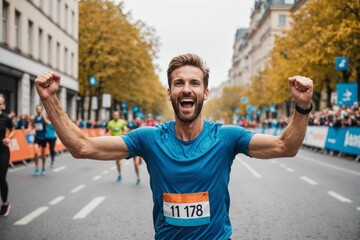 Enthusiastic runner cheering with arms raised before marathon - Powered by Adobe