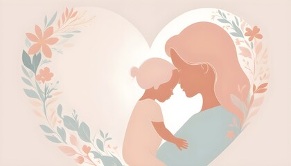 Mother's Day design featuring a delicate silhouette of a mother and child, rendered in clean lines and soft pastel colors, surrounded by subtle floral accents, conveying love and tenderness