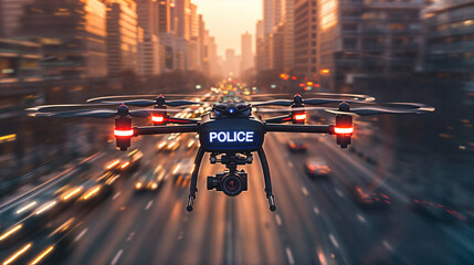 Police drone flying through city conducting surveillance