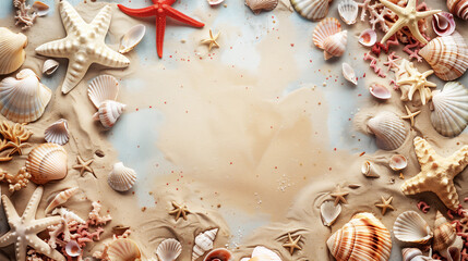  貝と海星と珊瑚を周りに配置したメッセージバナー背景。広告、カード