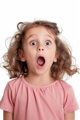 A portrait of a young girl displaying a vivid expression of surprise, with her mouth wide open and eyes enlarged, on a white background.