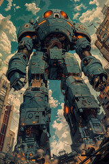 Giant mech robot standing in a future city drawn in comic book or graphic novel style 