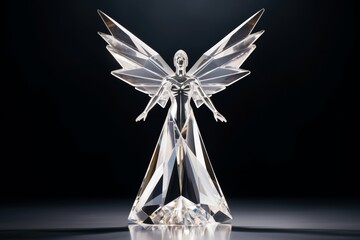 A female form statue with 2 big wings which is made of diamond, posing in a perfect stretching arms posture with majesty and confidence. Generative AI.