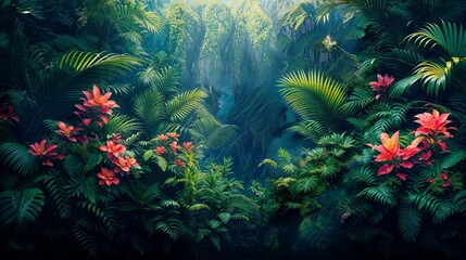 View of jungle plants flowers water