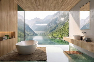modern bathroom featuring a large, round, white, bowl-shaped bathtub made from ceramic - obrazy, fototapety, plakaty
