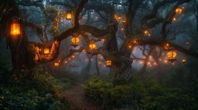 Mystical trail through a magical forest with glowing laterns hanging in the trees
