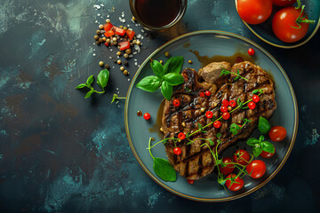 juicy grilled steak rests on a plate. Cherry tomatoes and whole basil leaves accompany the steak