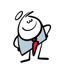 Doodle businessman in a business suit with  halo is proud of himself. Vector illustration of narcissistic boss closed his eyes and puffed out his chest. Isolated funny character on white background.