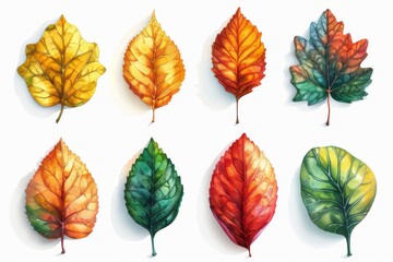 Obraz premium Watercolor set of colorful autumn leaves on a white background