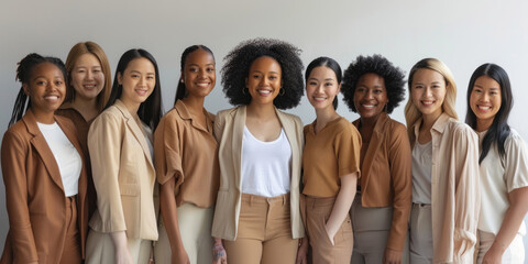 A group of 5 women of various ethnicities, each wearing casual business attire, stand side by side...
