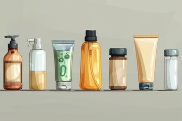 Natural care organic cosmetics in a row in vector style - obrazy, fototapety, plakaty
