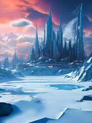 futuristic city and space base on frozen alien planet, generative ai illustration