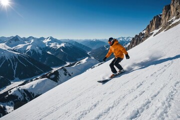 Side view of snowboarder on majestic snow covered mountain slope against rocky mountains under blue sky