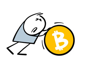 Stickman rolls a huge heavy gold coin with the bitcoin sign with effort. Vector illustration of earning cyber currency online on the Internet. Isolated cartoon character on white background.
