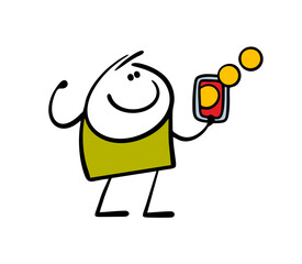 Happy stickman is holding a phone, gold coins are flying out of the Internet. Vector illustration of earning online, cyber currency, bitcoin. Successful virtual business. Isolated cartoon character.