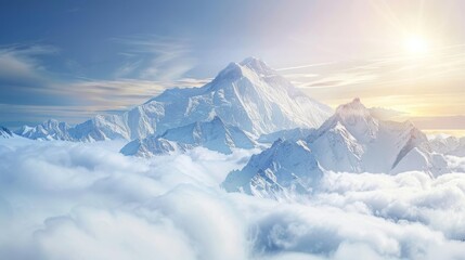 snowy mountains in the clouds, peak, foresight, sun, 16:9 - obrazy, fototapety, plakaty
