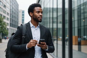 Positive black male in formal jacket with backpack looking away while standing near glass wall of building and speaking on mobile phone
