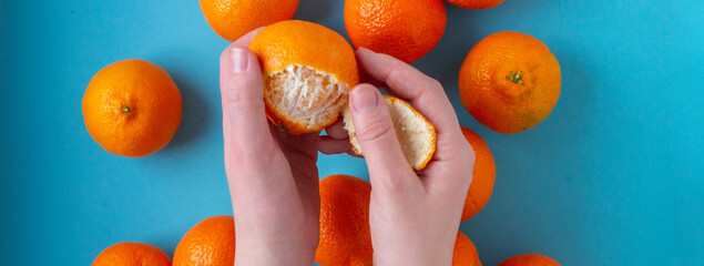 Female hands peeling an orange banner. Young woman holding orange, Many citrus fruits lying on blue...