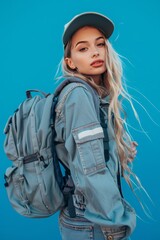 A woman with a baseball cap and backpack prepares for an adventure - obrazy, fototapety, plakaty