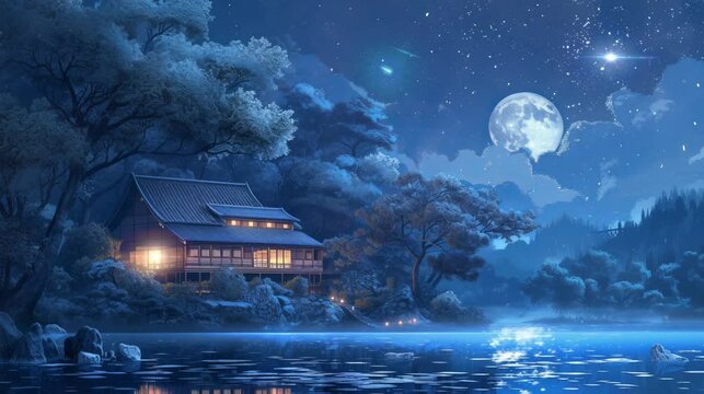 traditional house buildings in the middle of the forest and the beauty of the moon shining on the night. seamless looping time-lapse virtual 4k video animation background.